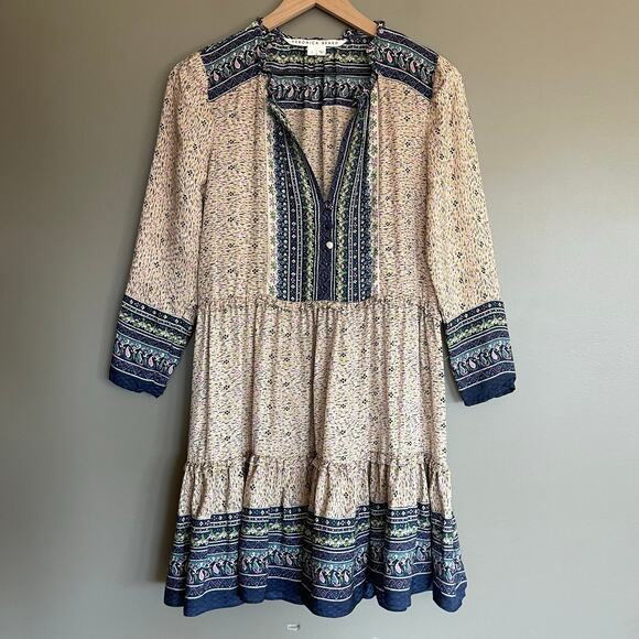 Veronica‎ Beard Lumi Dress Size 2 Silk Cream Beige Blue Floral Ruffles Chic Sexy - Picture 3 of 16